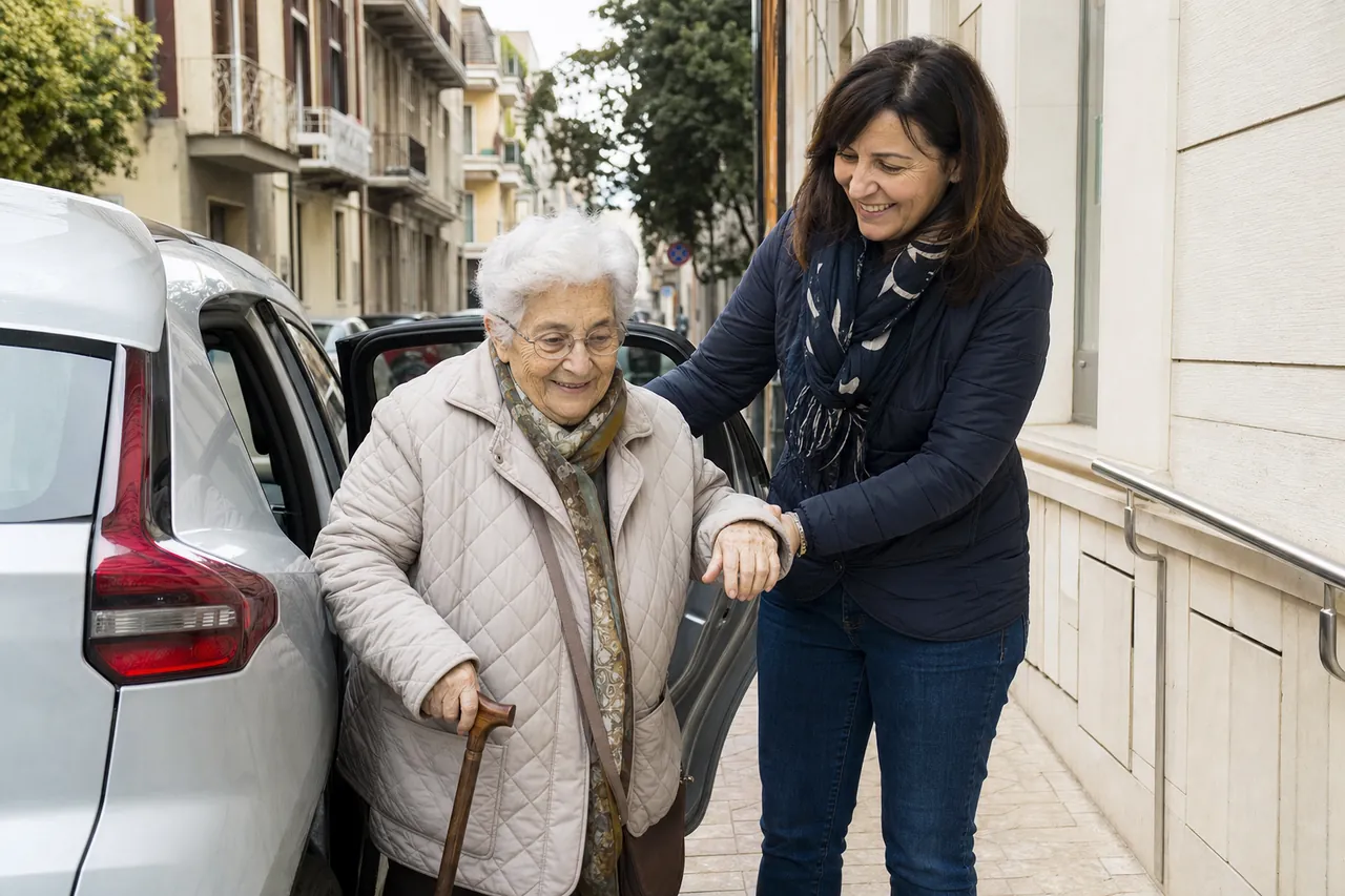 Un accompagnatore aiuta una signora anziana a scendere dall'auto davanti a un ambulatorio
