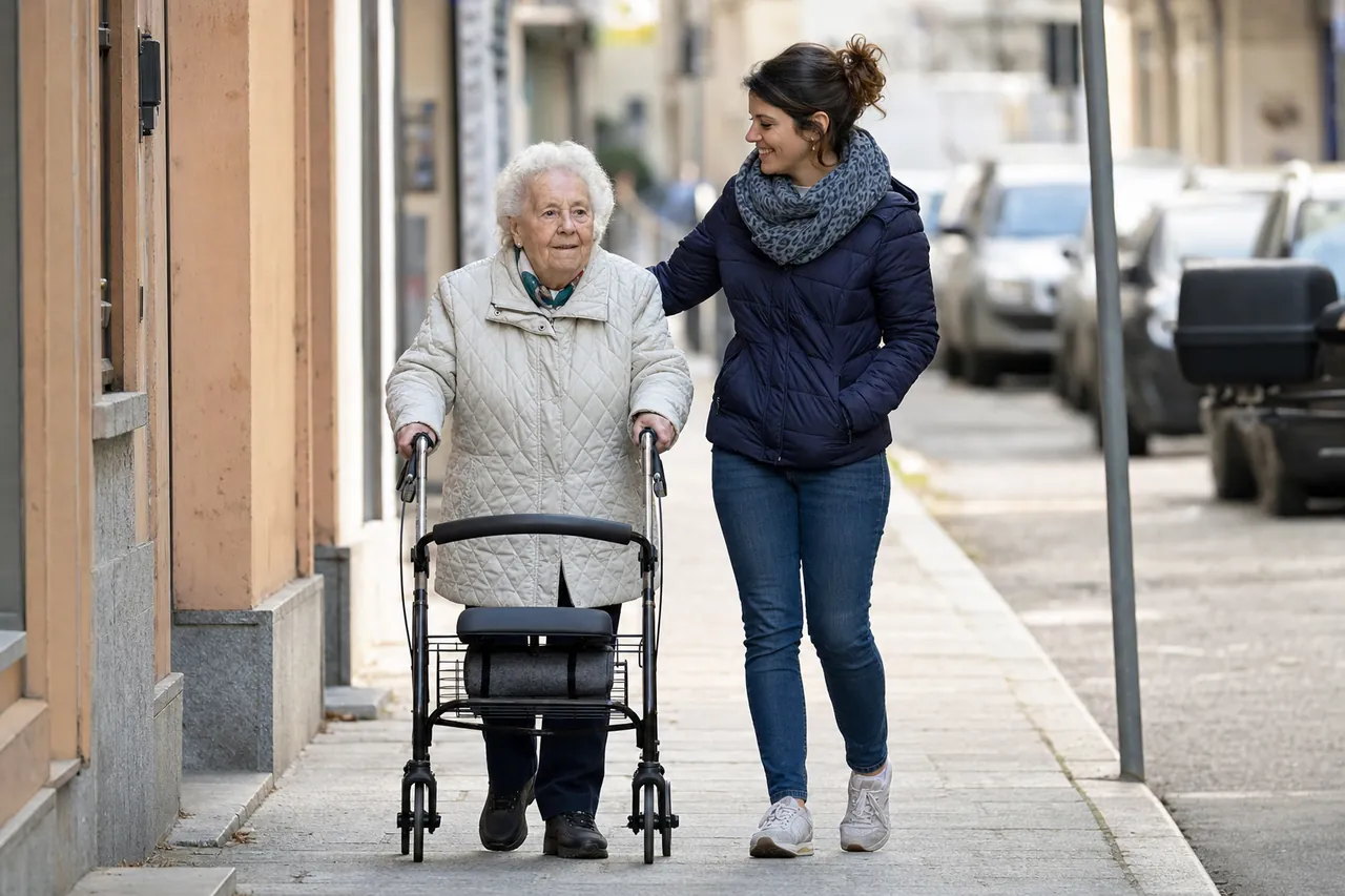 Un accompagnatore sostiene una signora anziana che cammina con il deambulatore sul marciapiede di una strada di città