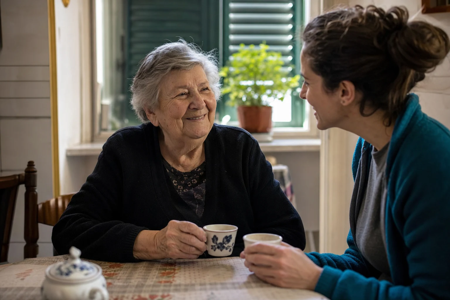 Una caregiver e una signora anziana chiacchierano a tavola in cucina con una tazza calda