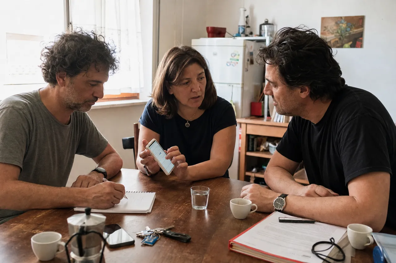 Tre fratelli adulti seduti al tavolo della cucina scrivono su un quaderno la lista degli impegni per il genitore anziano