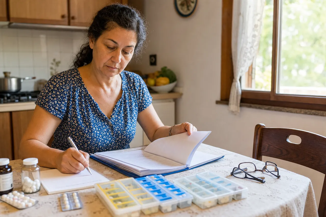 Una figlia adulta prepara documenti e la lista dei farmaci del padre anziano al tavolo di casa