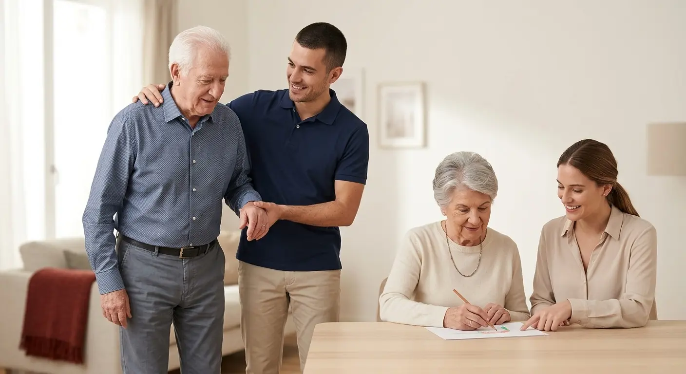 Assistenti Senilia insieme a persone anziane a casa