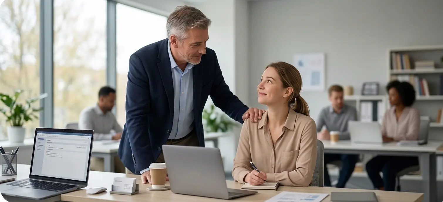 Manager e dipendente in ufficio durante una conversazione
