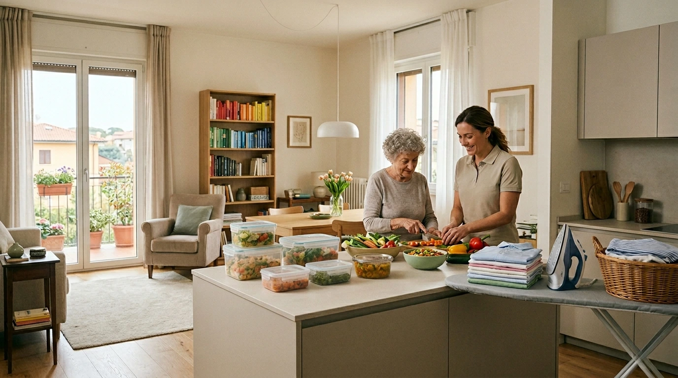 Caregiver prepara un pasto a casa di un anziano