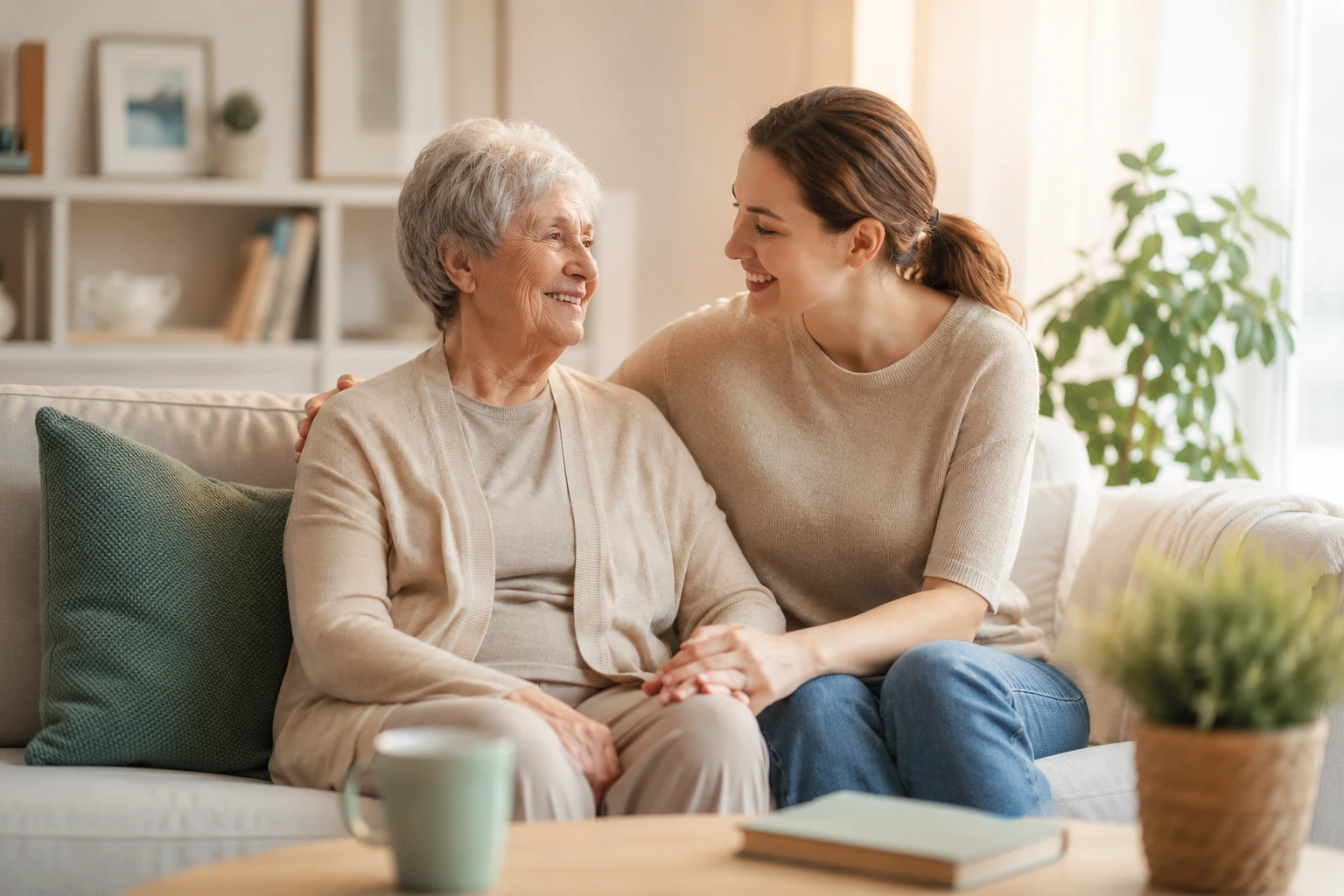 Caregiver tiene compagnia a un'anziana in soggiorno